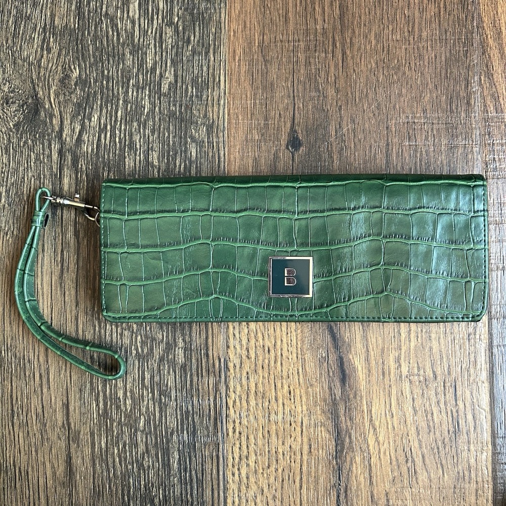 Julia Buxton Organizer Clutch Wallet Green Croc Embossed Wristlet 39316 NOS